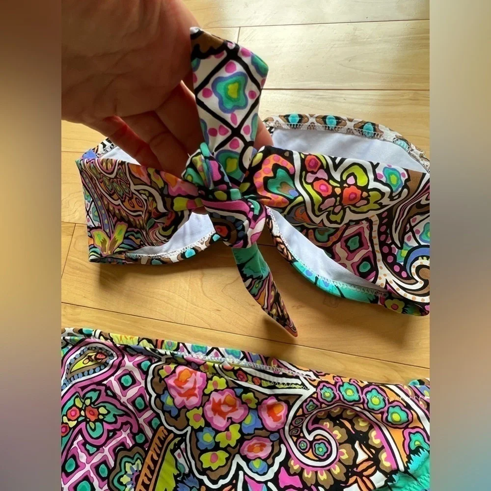 Trina Turk bright multicolor patterned strapless two-piece bikini swimsuit